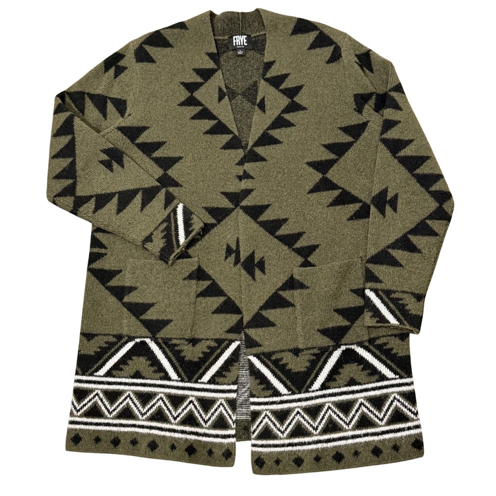 Frye The Cozy Cardigan Sweater LG Longline Open Front Knit Olive Aztec Geometric